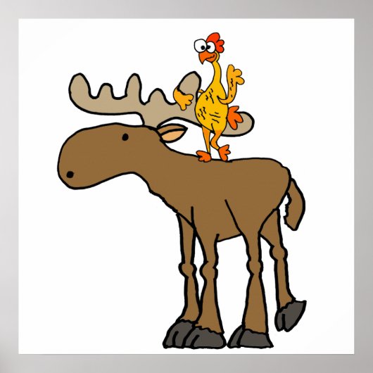Funny Rubber Chicken Riding Moose Cartoon Poster (Voorkant)