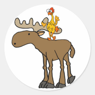 Funny Rubber Chicken Riding Moose Cartoon Ronde Sticker