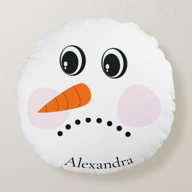 Funny Sad / Happy Snowman Face Monogramname Rond Kussen (Voorkant)