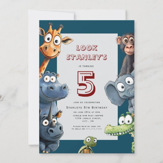 Funny Safari Animals 5th Birthday Card Kaart (Voorkant)