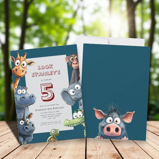 Funny Safari Animals 5th Birthday Card Kaart