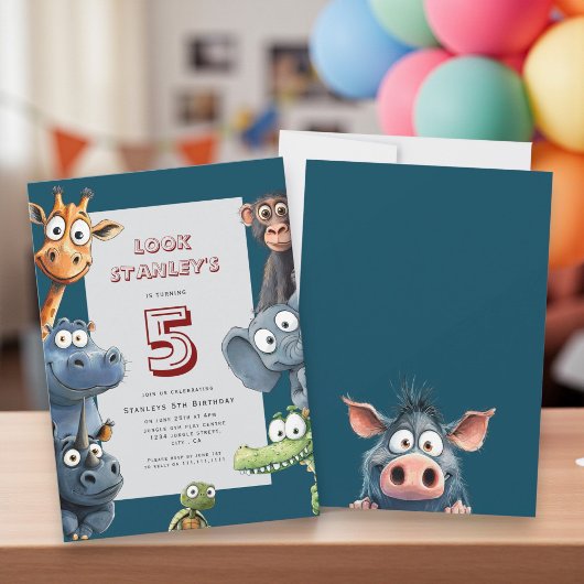 Funny Safari Animals 5th Birthday Card Kaart