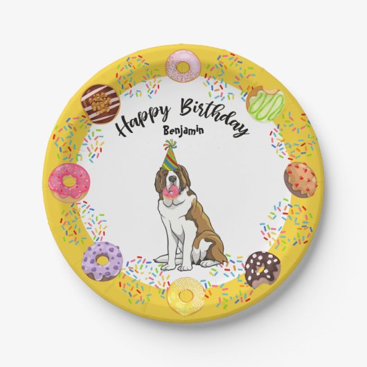 Funny Saint Bernard Dog Donuts Birthday Party Papieren Bordje (Voorkant)