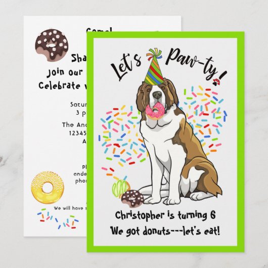 Funny Saint Bernard Donuts Birthday Party Kaart (Voorkant / Achterkant)