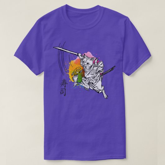 Funny Samurai Cat Making Sushi (Japanese Signs)  T-shirt (Design voorkant)