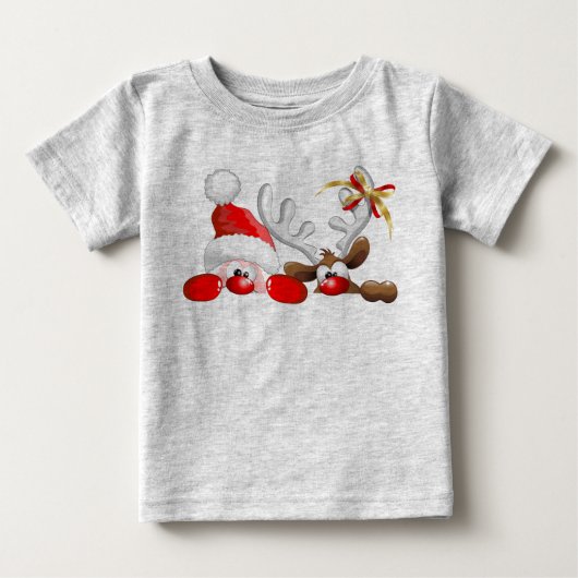 Funny Santa and Reindeer Cartoon Baby T-Shirt (Voorkant)