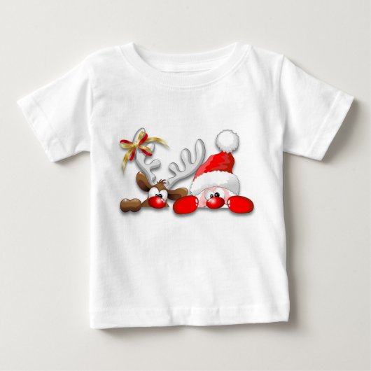 Funny Santa and Reindeer Cartoon Baby T-Shirt (Voorkant)