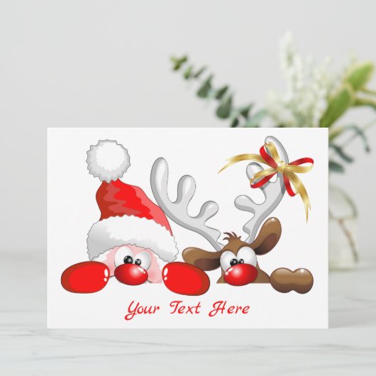 Funny Santa and Reindeer Cartoon Bedankkaart (Staand voorkant)