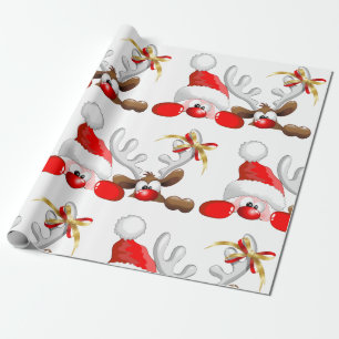 Funny Santa and Reindeer Cartoon Cadeaupapier