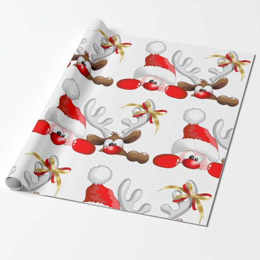 Funny Santa and Reindeer Cartoon Cadeaupapier (Uitgerold)
