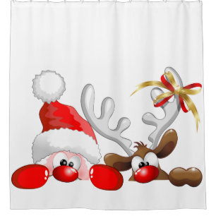 Funny Santa and Reindeer Cartoon Douchegordijn