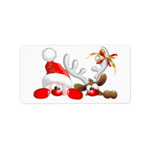 Funny Santa and Reindeer Cartoon Etiket