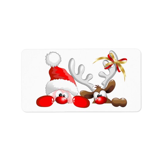 Funny Santa and Reindeer Cartoon Etiket (Voorkant)