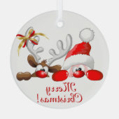 Funny Santa and Reindeer Cartoon Glas Ornament (Achterkant)
