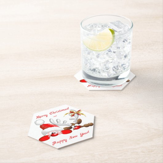 Funny Santa and Reindeer Cartoon Kartonnen Onderzetters (Insitu)