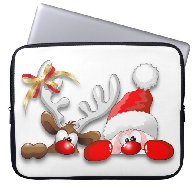 Funny Santa and Reindeer Cartoon-laptophoezen Laptop Sleeve (Voorkant)