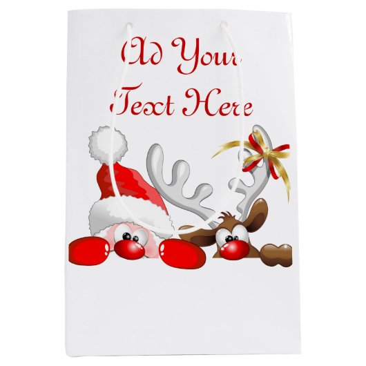 Funny Santa and Reindeer Cartoon Medium Cadeauzakje (Voorkant)