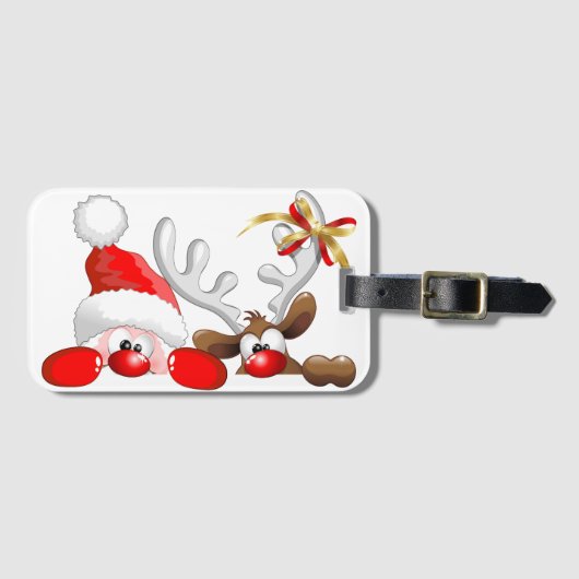 Funny Santa and Reindeer Cartoon Ornament Magnet B Bagagelabel (Voorkant (horizontaal))