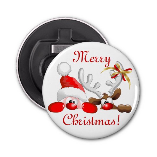 Funny Santa and Reindeer Cartoon Ornament Magnet B Button Flesopener (Voorkant)