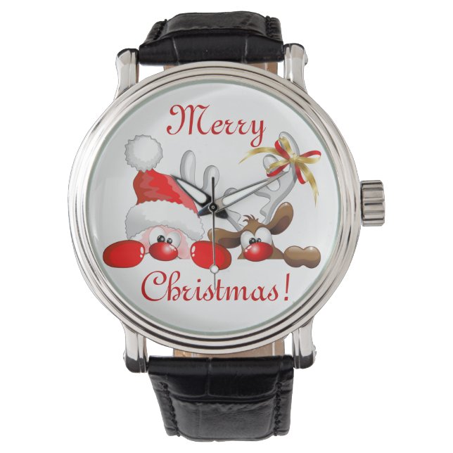 Funny Santa and Reindeer Cartoon Ornament Magnet B Horloge (Voorkant)