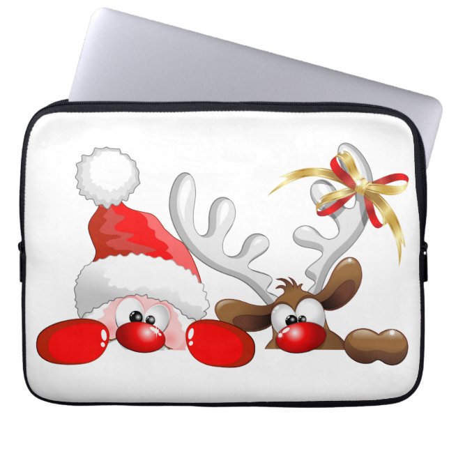 Funny Santa and Reindeer Cartoon Ornament Magnet B Laptop Sleeve (Voorkant)