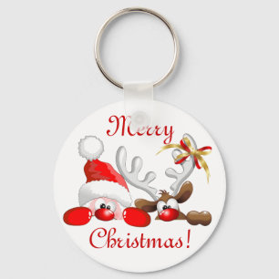 Funny Santa and Reindeer Cartoon Ornament Magnet B Sleutelhanger