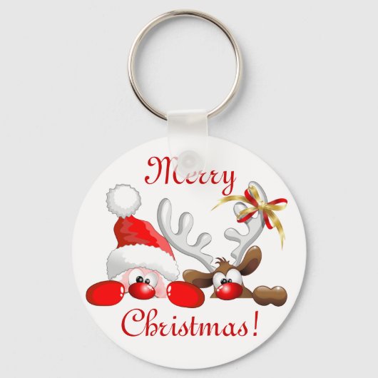 Funny Santa and Reindeer Cartoon Ornament Magnet B Sleutelhanger (Voorkant)