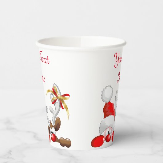 Funny Santa and Reindeer Cartoon Papieren Bekers (Links)