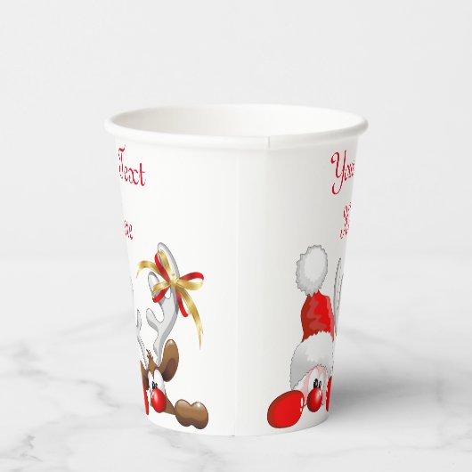 Funny Santa and Reindeer Cartoon Papieren Bekers (Rechts)