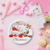 Funny Santa and Reindeer Cartoon Papieren Bordje (Feest)
