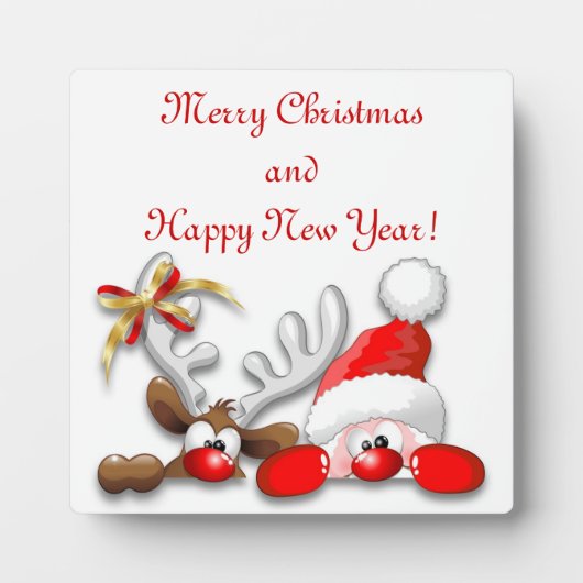 Funny Santa and Reindeer Cartoon Plaque Fotoplaat (Voorkant)
