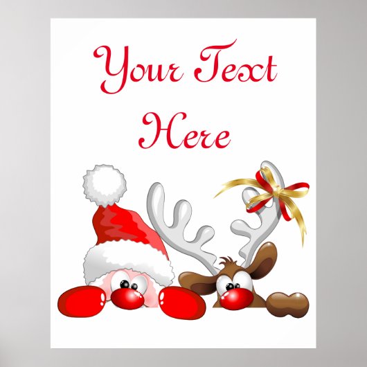 Funny Santa and Reindeer Cartoon Poster (Voorkant)