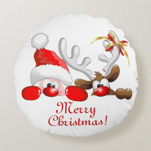 Funny Santa and Reindeer Cartoon Rond Kussen