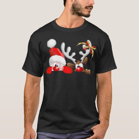 Funny Santa and Reindeer Cartoon T-shirt (Voorkant)
