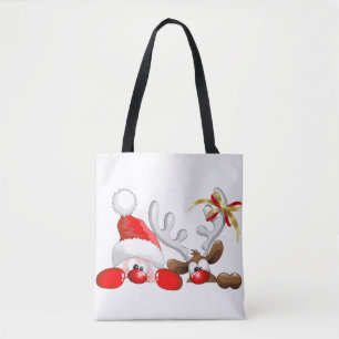 Funny Santa and Reindeer Cartoon Tote Bag