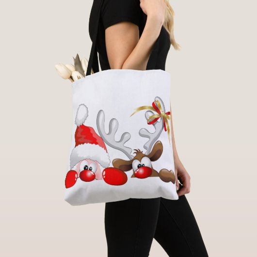 Funny Santa and Reindeer Cartoon Tote Bag (Dichtbij)