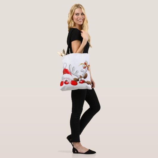 Funny Santa and Reindeer Cartoon Tote Bag (Op model)