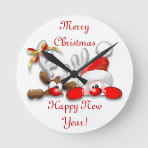 Funny Santa and Reindeer Cartoon Wall Clock Ronde Klok