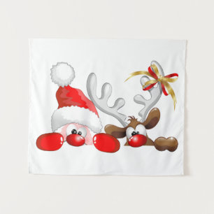 Funny Santa and Reindeer Cartoon Wandkleed