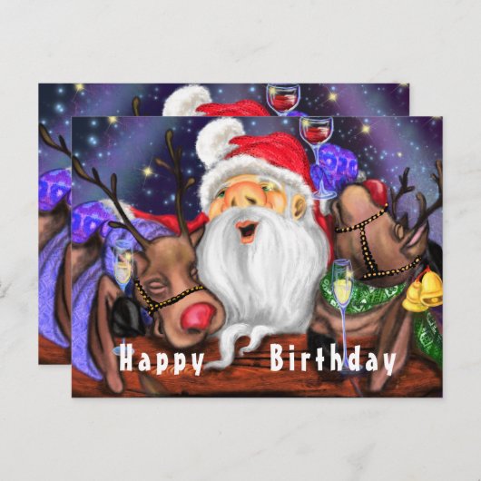 Funny Santa and Reindeers Birthday Party - Cheers Briefkaart (Voorkant / Achterkant)