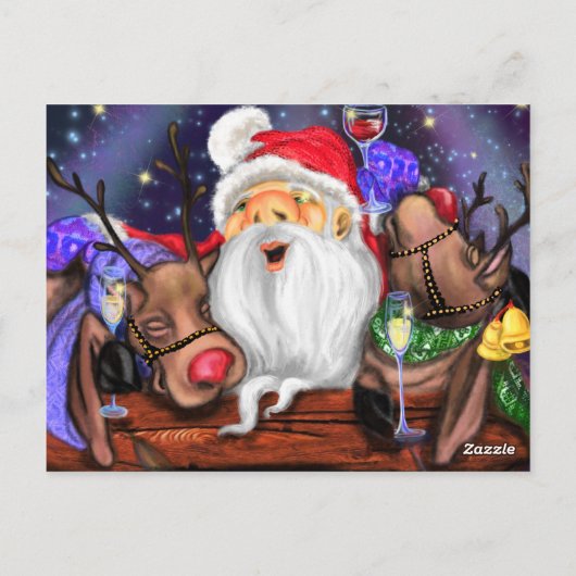 Funny Santa and Reindeers Birthday Party - Cheers Briefkaart (Achterkant)