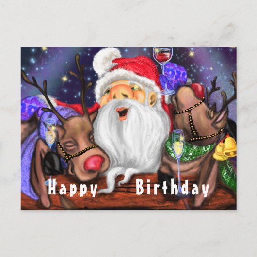 Funny Santa and Reindeers Birthday Party - Cheers Briefkaart (Voorkant)