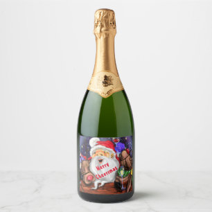 Funny Santa and Reindeers Kerstfeest - Cheers Sparkling Wijnetiket