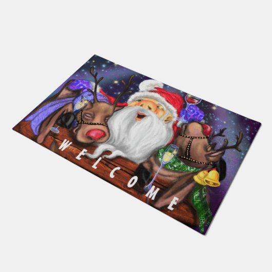 Funny Santa and Reindeers Kerstfeest Welkom Deurmat (Schuin)