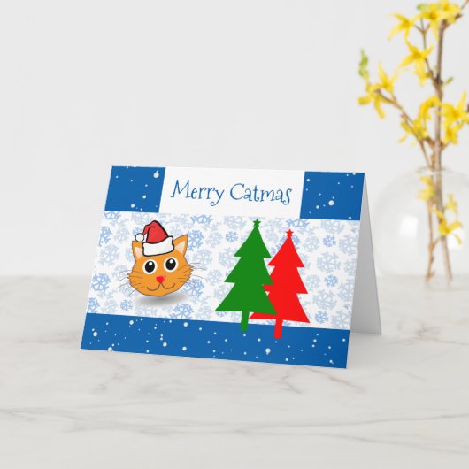 Funny Santa Cat Snow Merry Catmas kerstbomen Kaart (Gele Bloem)