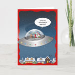 Funny Santa Claus Alien Kerstmis Feestdagen Kaart<br><div class="desc">De grappige kerstkaarten van de Kerstman die met uw eigen douanepubbel tekst kunnen worden gepersonaliseerd! Dit unieke komische ontwerp van Raphaela Wilson toont de Kerstman en Rudolph de rode neusrendiertjes die hoog opstijgen boven een buurt in een zilveren ufo vliegende saucer. De kerstman leest: "Woohoo! Technologie is geweldige!", maar dit...</div>