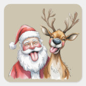 Funny Santa Claus and Reindeer Christmas Winter Vierkante Sticker (Voorkant)