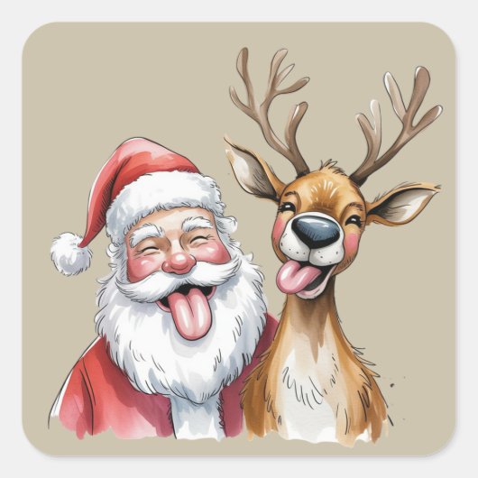 Funny Santa Claus and Reindeer Christmas Winter Vierkante Sticker (Voorkant)