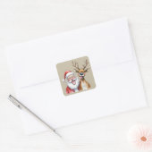 Funny Santa Claus and Reindeer Christmas Winter Vierkante Sticker (Envelop)