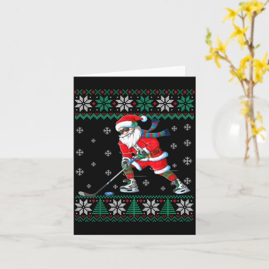 Funny Santa Claus Christmas Ice Hockey Ugly Sweate Kaart (Gele Bloem)